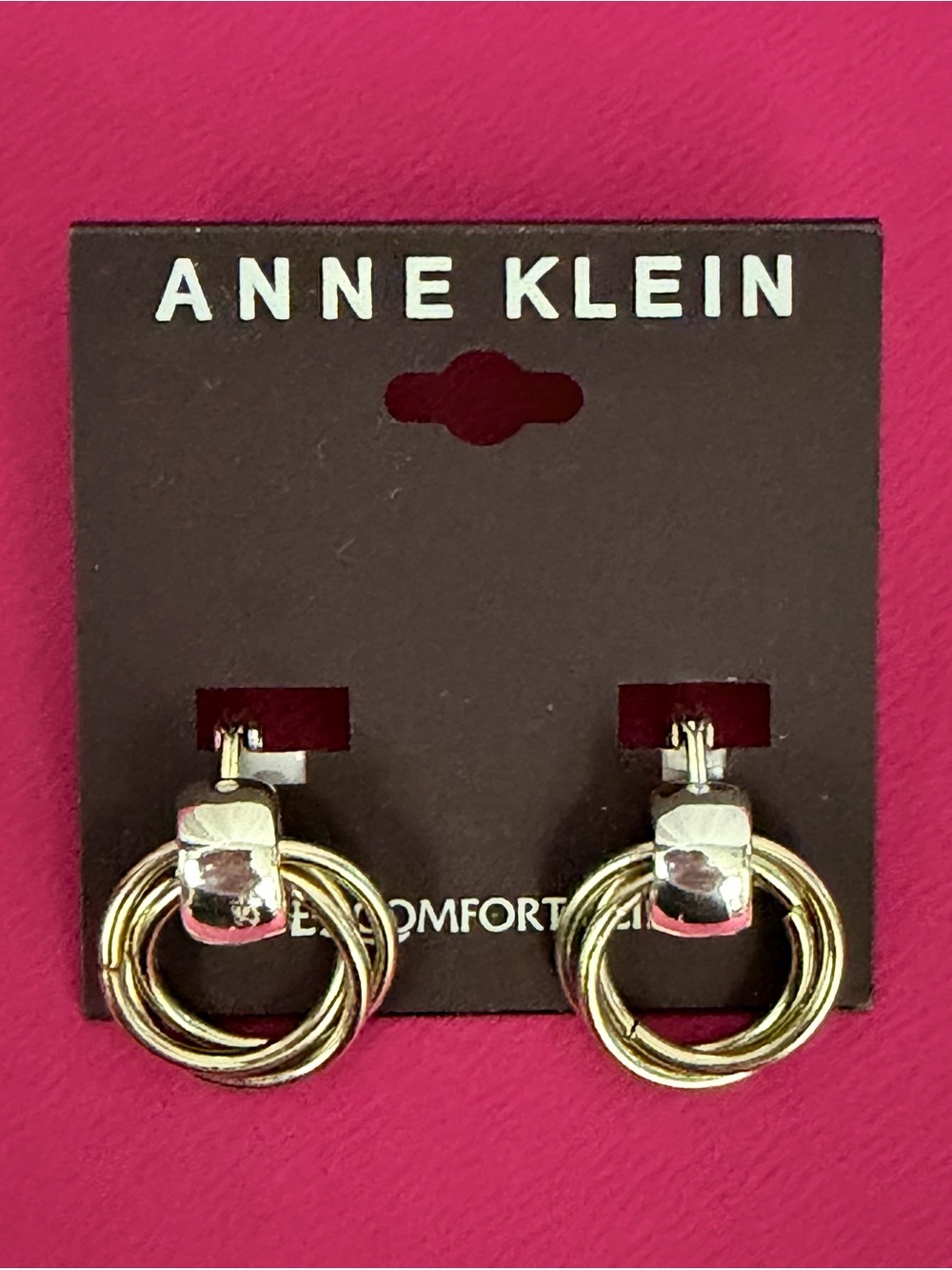 Anne Klein Silver & Goldtone Double-Ring EZ Comfort Clip Earrings NWT